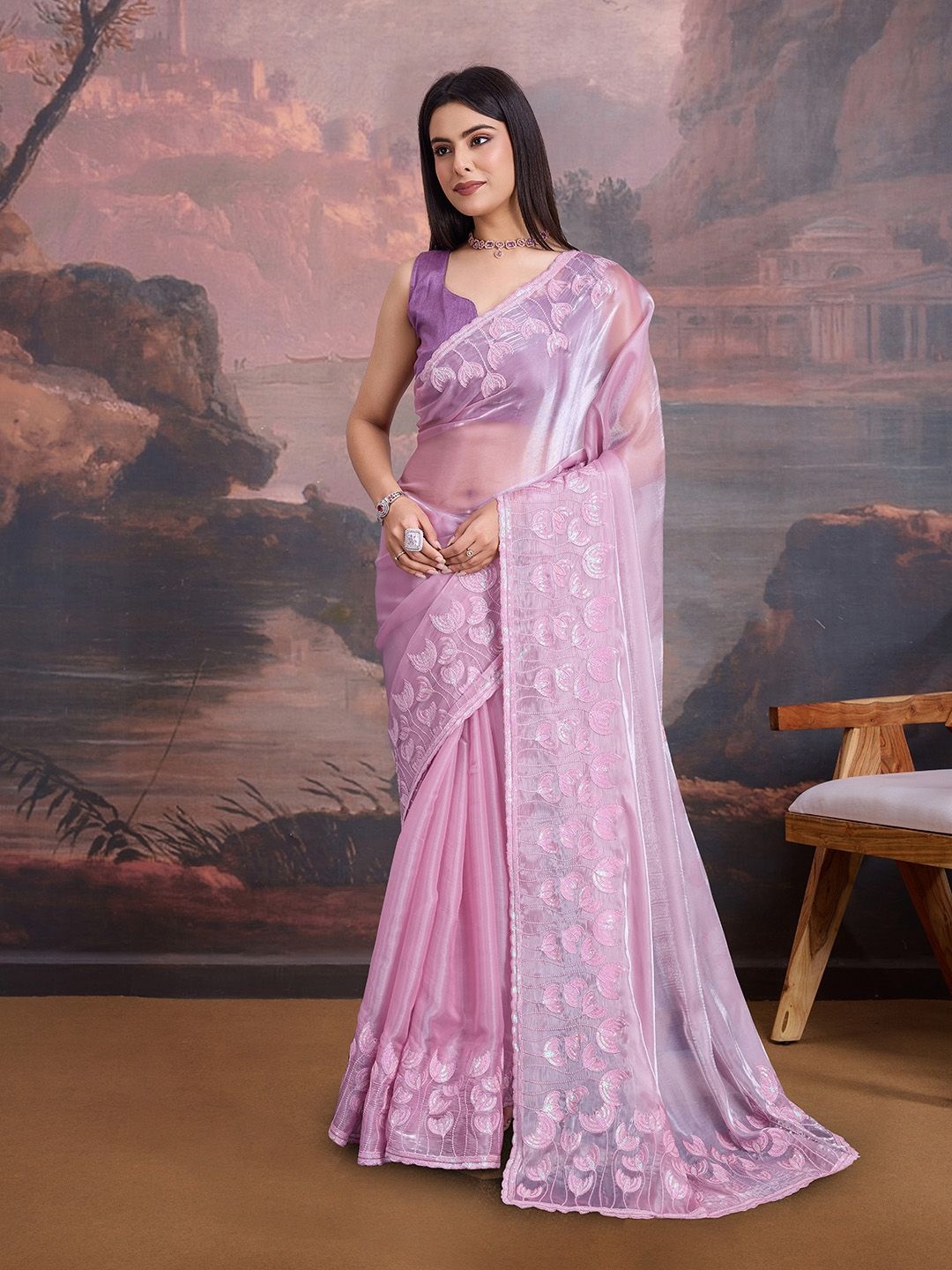 

House of Pataudi Floral Embroidered Saree With Blouse Piece, Mauve