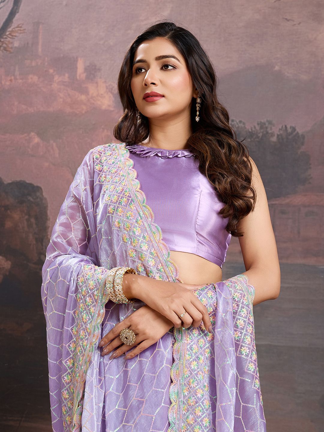 

House of Pataudi Embroidered Designer Saree, Lavender