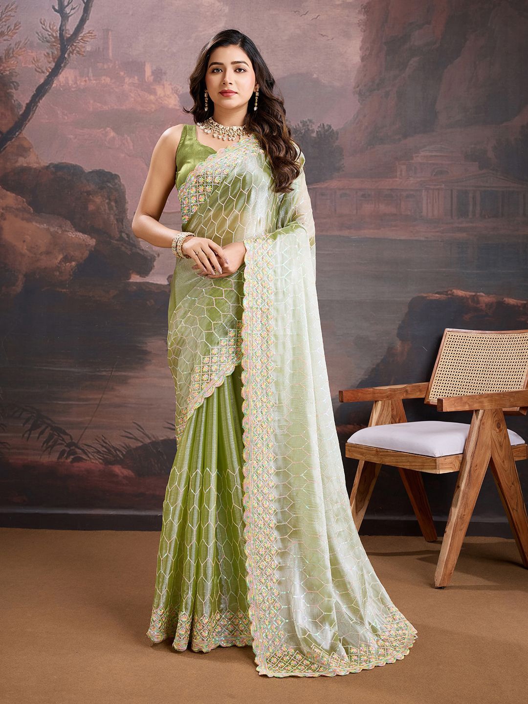

House of Pataudi Embroidered Saree With Blouse Piece, Olive