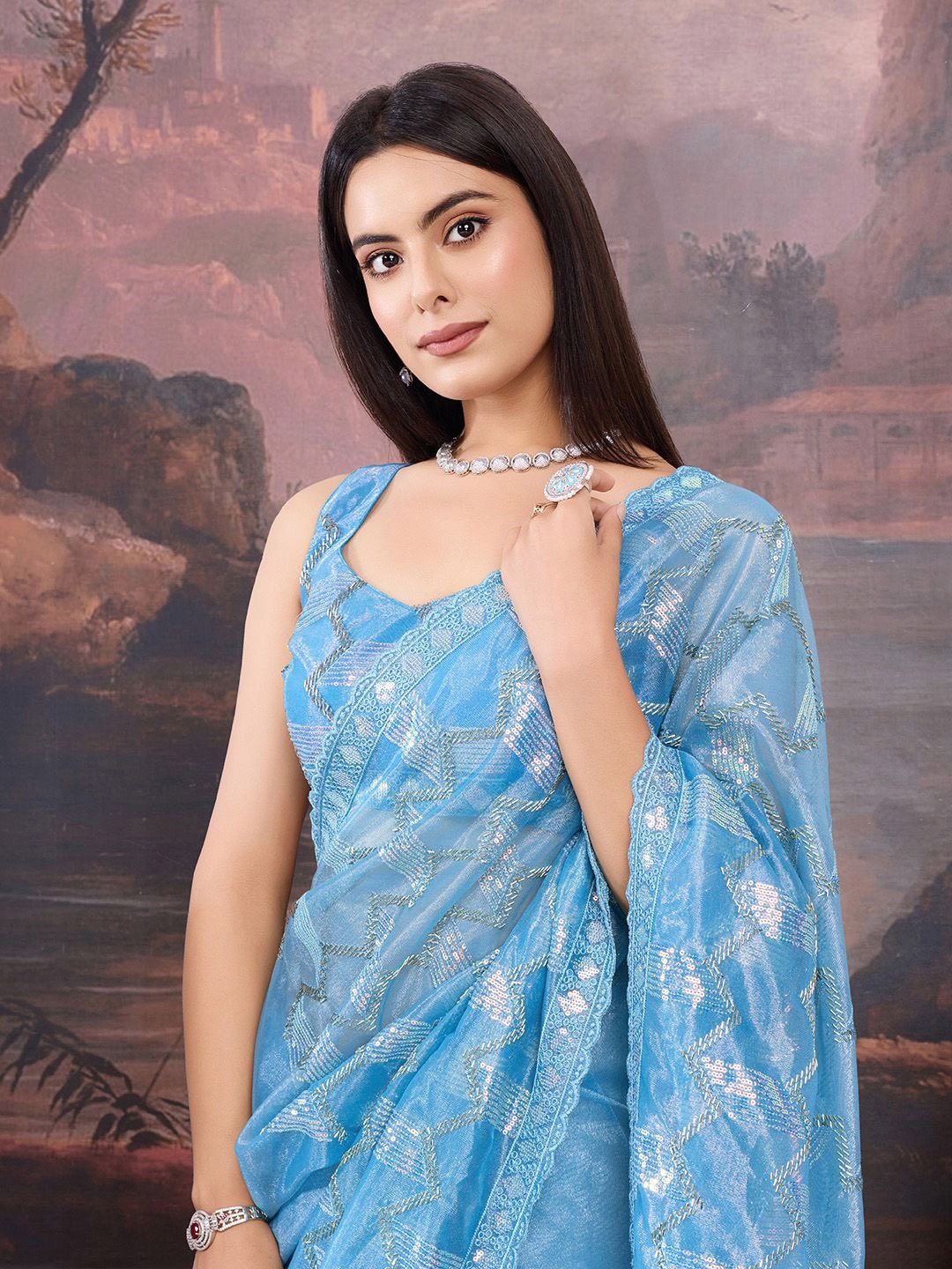 

House of Pataudi Embellished Sequinned Saree, Blue