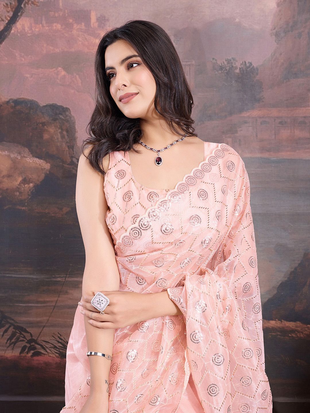 

House of Pataudi Embellished Sequinned Saree, Peach