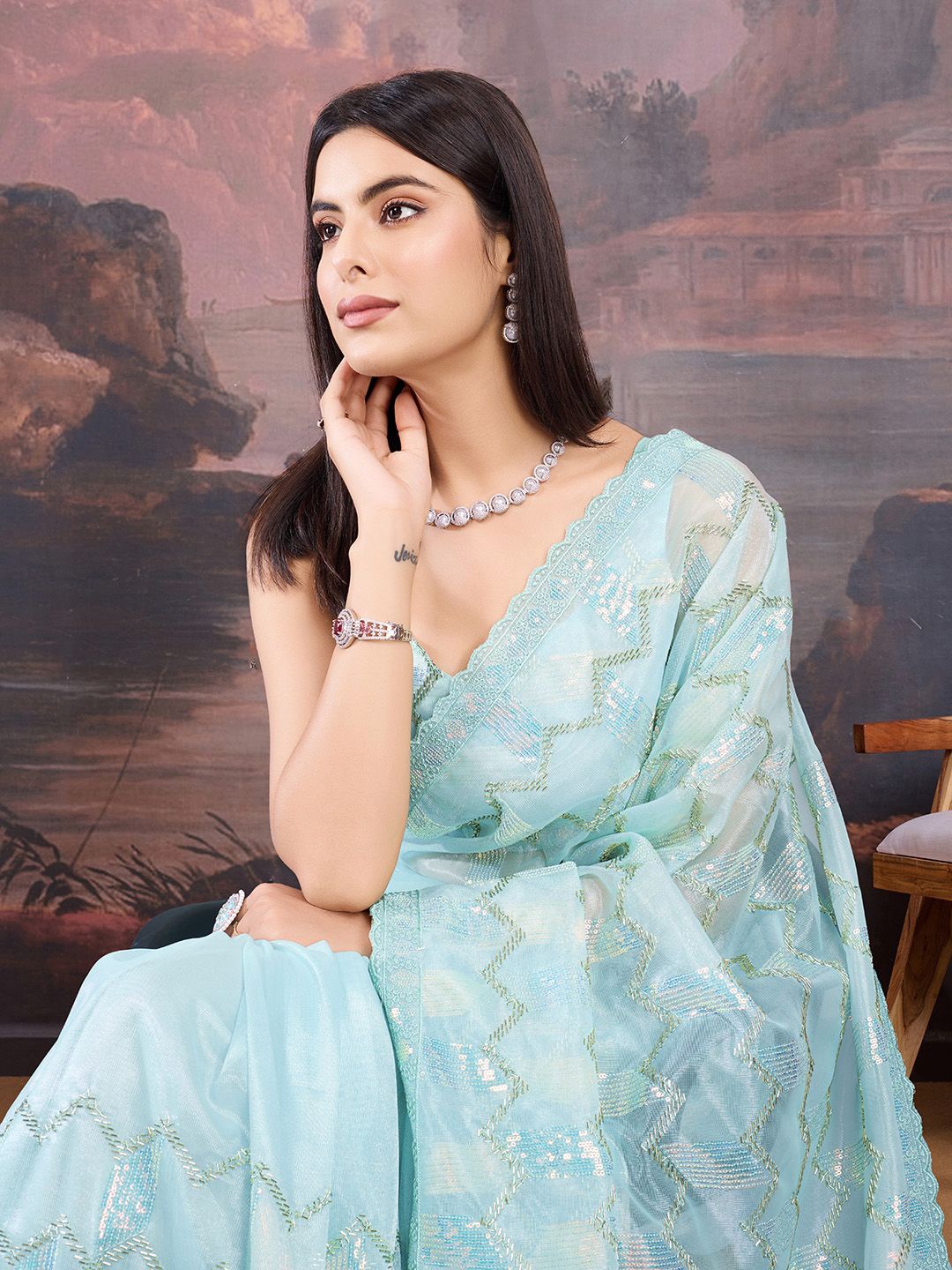 

House of Pataudi Geometric Embellished Saree With Blouse Piece, Turquoise blue