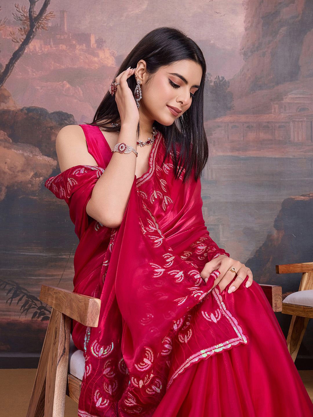 

House of Pataudi Embellished Sequinned Saree, Rose