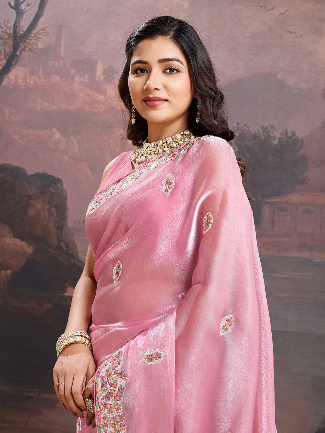 

House of Pataudi Ethnic Motif Embroidered Saree With Blouse Piece, Rose