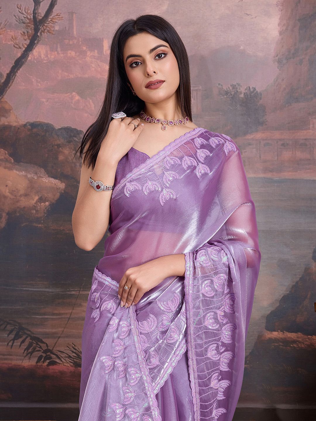 

House of Pataudi Embellished Saree With Blouse Piece, Lavender