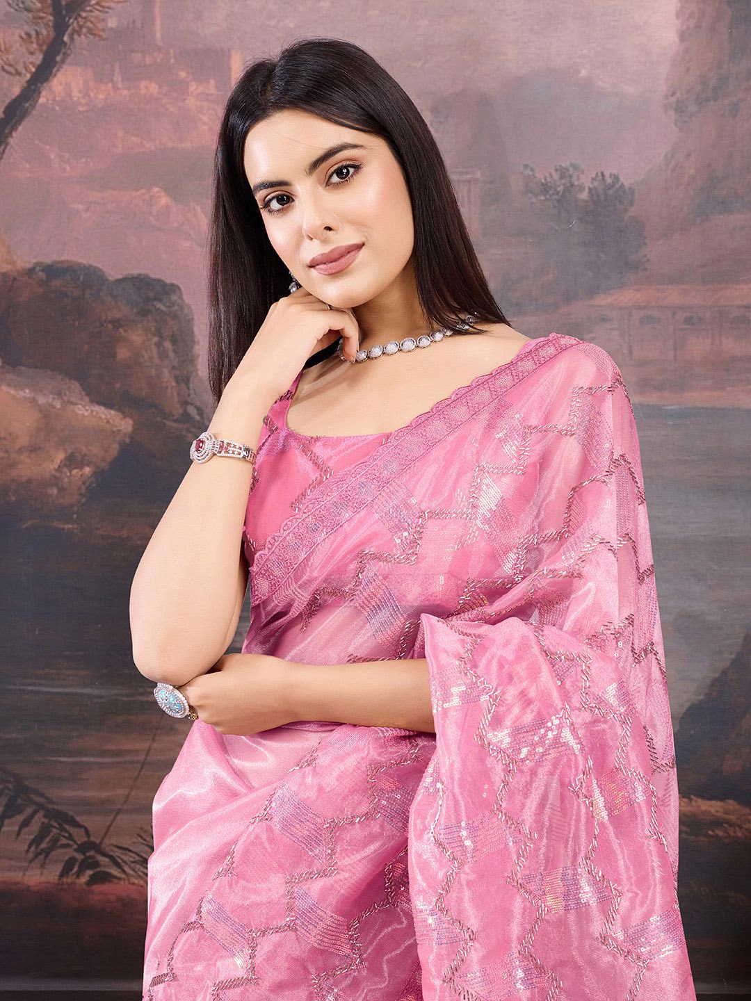 

House of Pataudi Sequinned Embellished Saree With Blouse Piece, Mauve