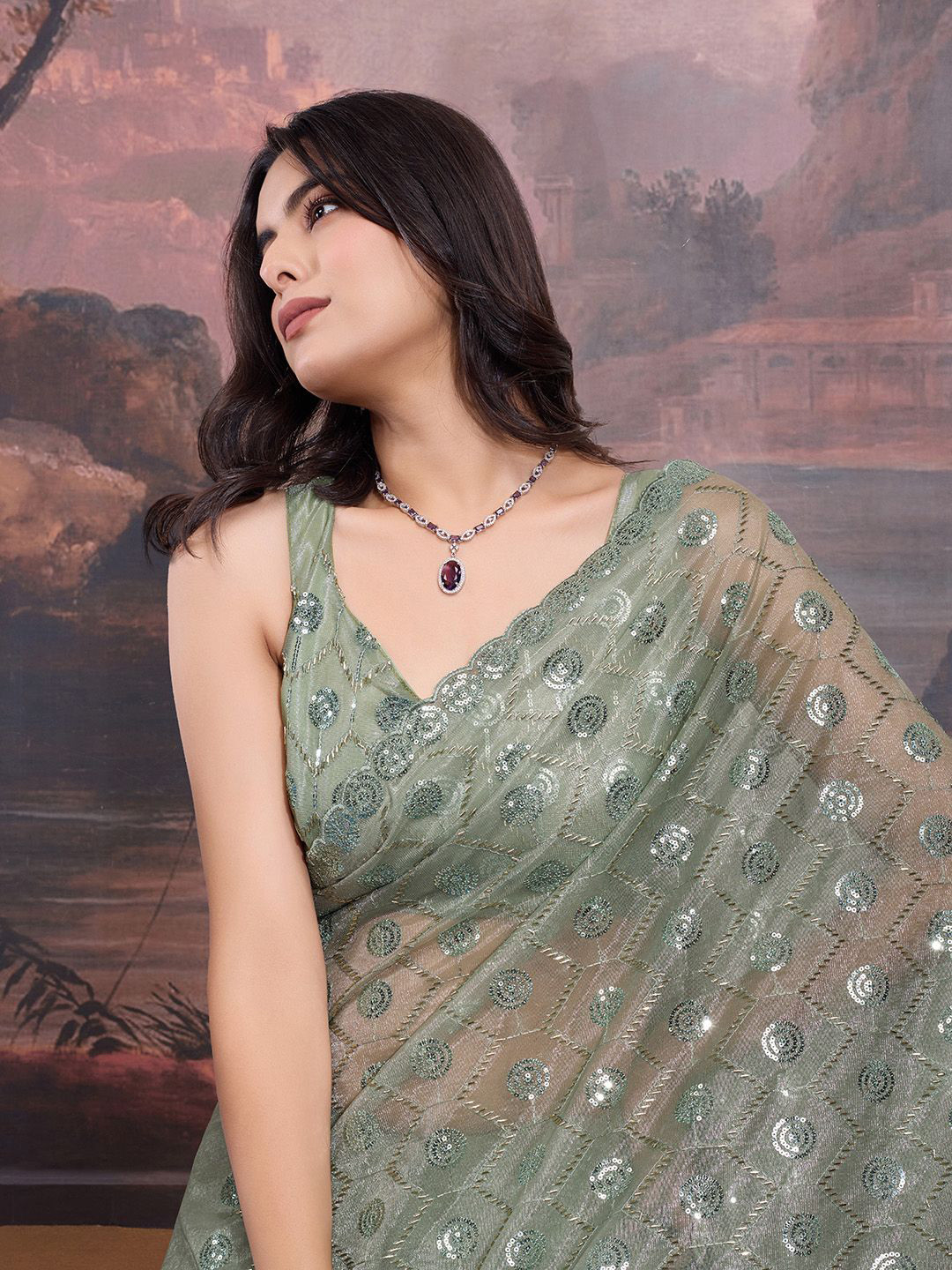 

House of Pataudi Embellished Sequinned Saree With Blouse Piece, Olive