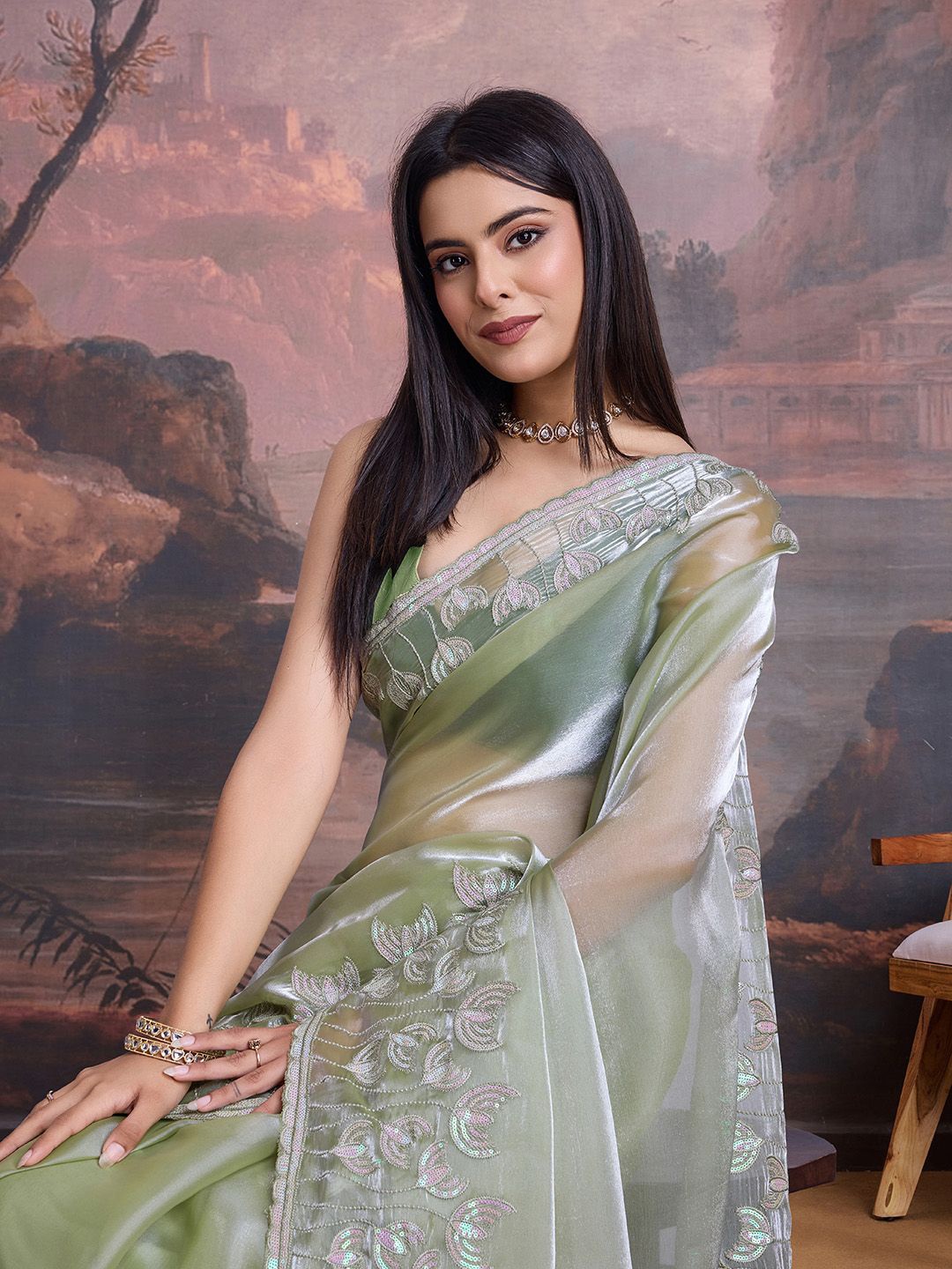 

House of Pataudi Embellished Saree With Blouse Piece, Olive