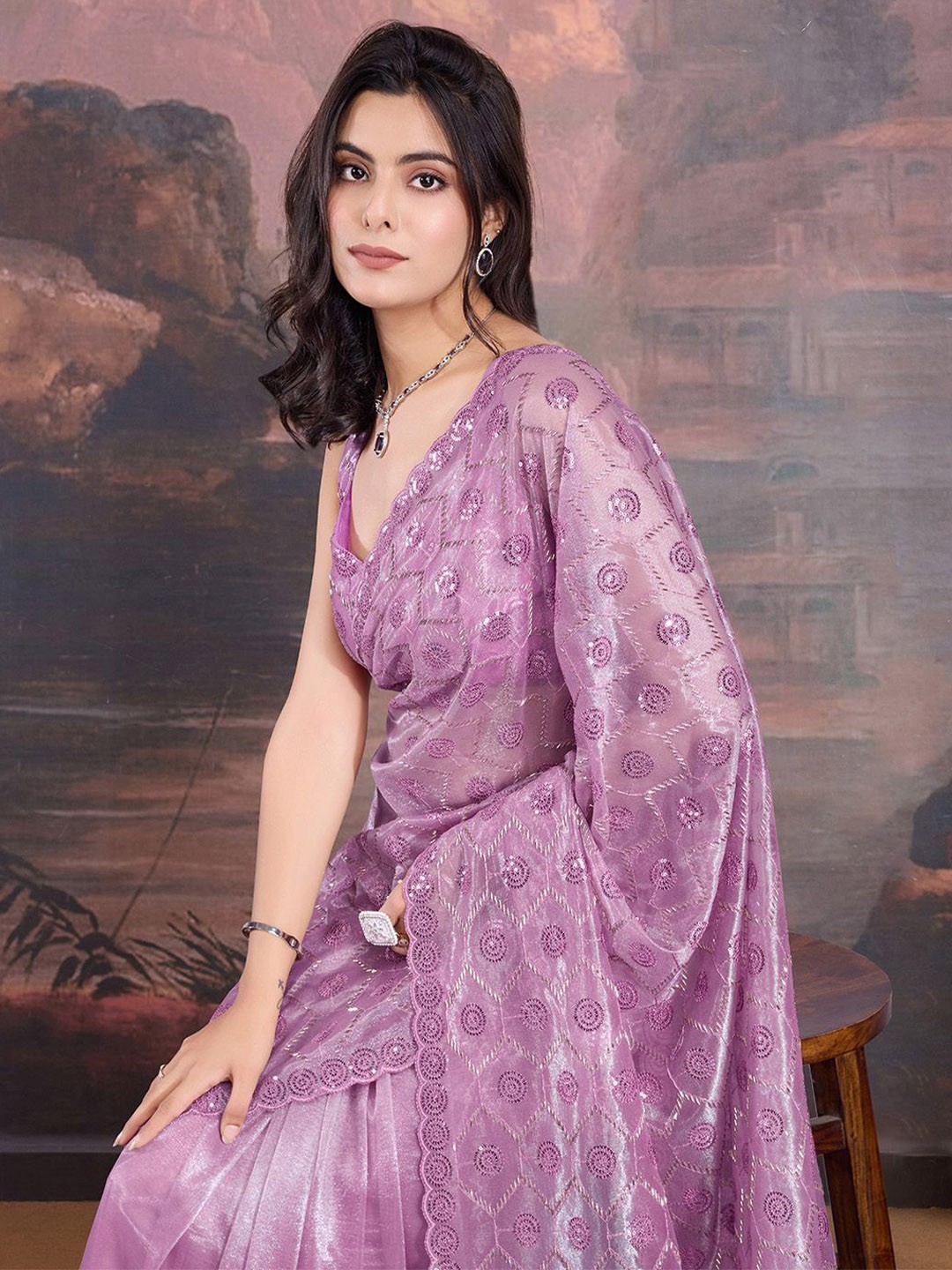

House of Pataudi Embroidered Saree With Blouse Piece, Lavender