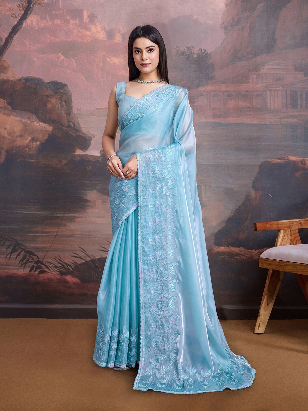 

House of Pataudi Embellished Saree With Blouse Piece, Turquoise blue