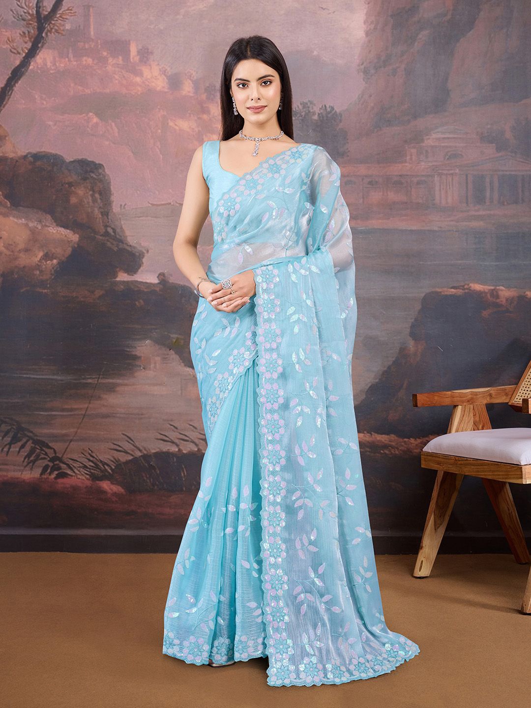 

House of Pataudi Women Sequinned Embellished Saree, Blue