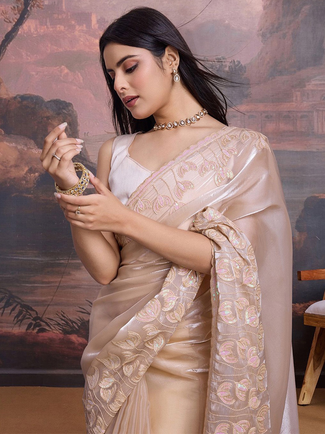 

House of Pataudi Sequinned Embellished Saree With Blouse Piece, Cream