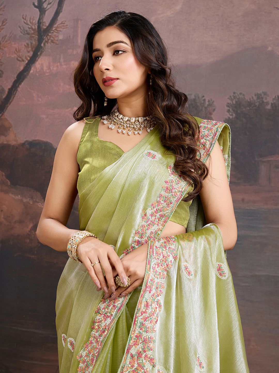 

House of Pataudi Embroidered Saree With Blouse Piece, Olive