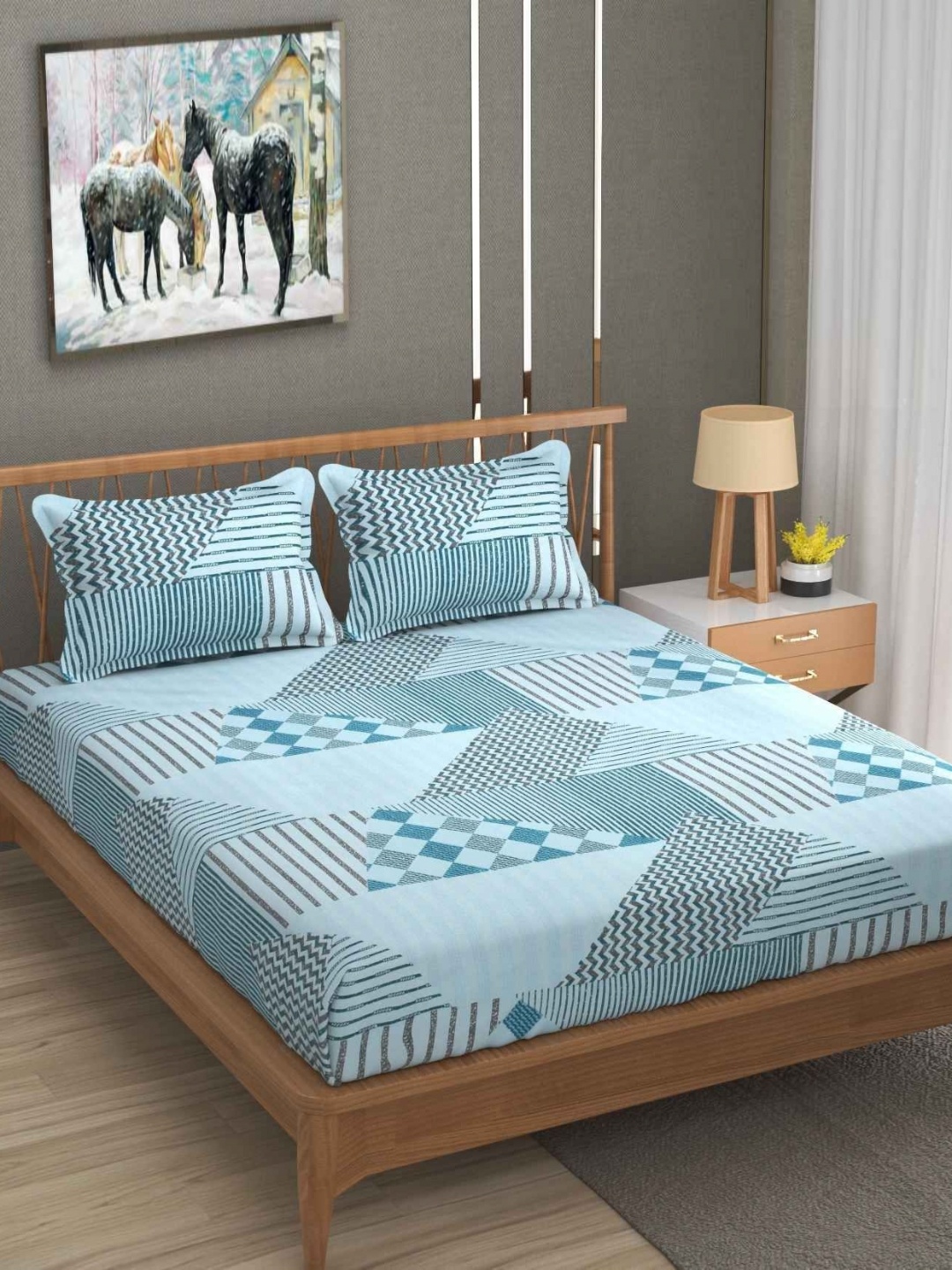 

YaAkholic Blue & Grey Printed 300 TC King Bedsheet Set 2.7 m x 2.7 m