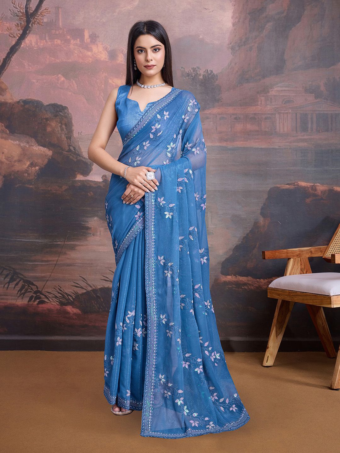 

House of Pataudi Sequinned Embellished Saree, Teal