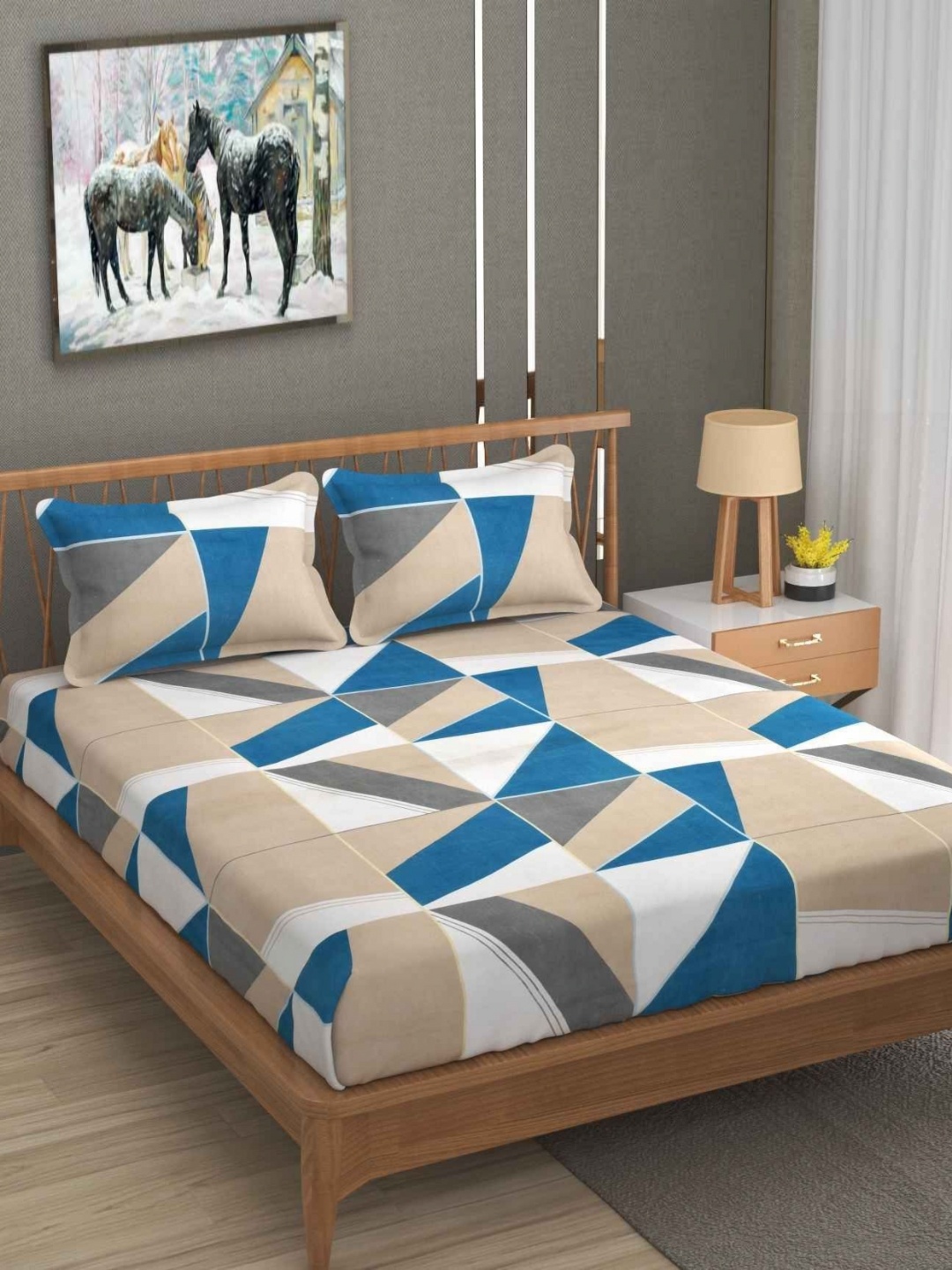 

YaAkholic Beige & Blue Printed 300 TC King Bedsheet Set 2.7 m x 2.7 m