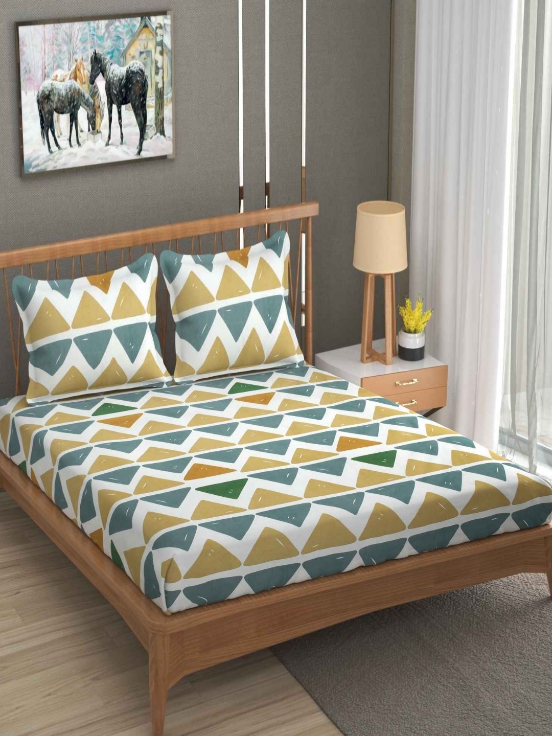 

YaAkholic Green & White Geometric Printed 300 TC King Bedsheet Set 2.7 m x 2.7 m