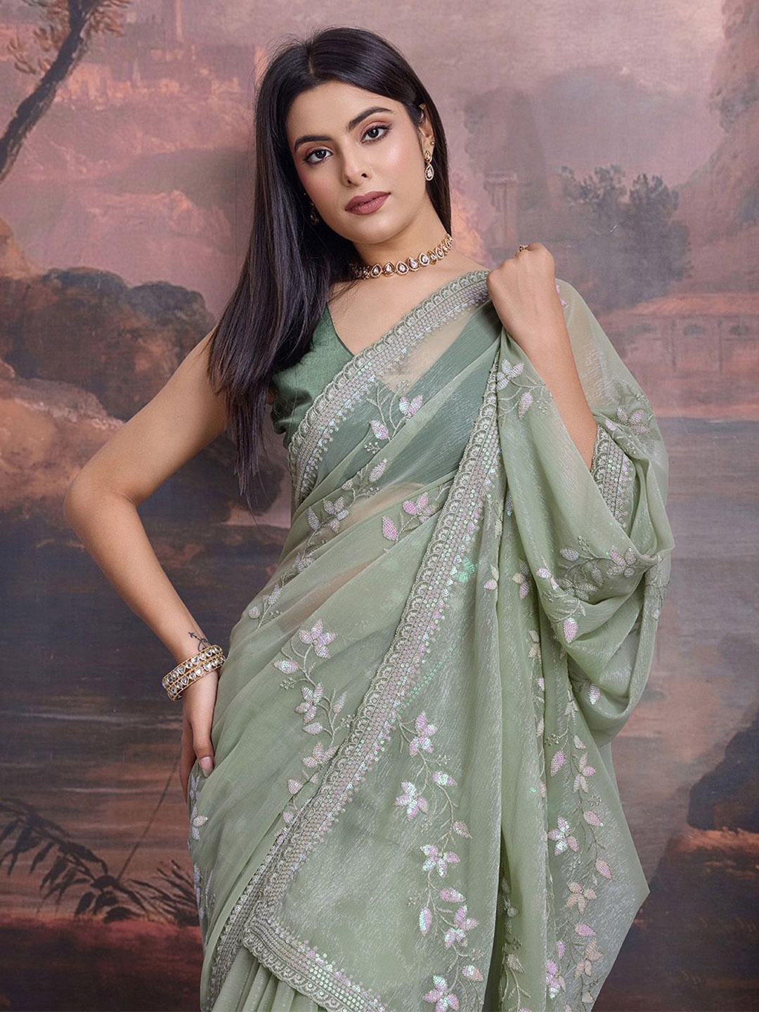 

House of Pataudi Floral Embroidered Embellished Saree With Blouse Piece, Olive