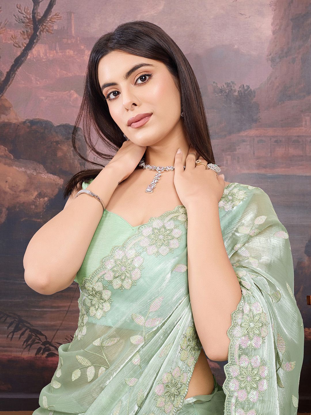 

House of Pataudi Floral Embellished Saree With Blouse Piece, Olive