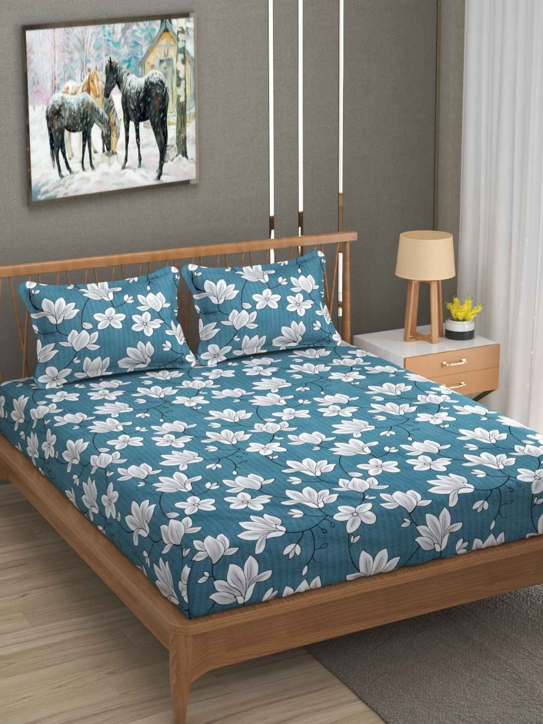 

YaAkholic Green & White Floral Printed 300 TC King Bedsheet Set 2.7 m x 2.7 m