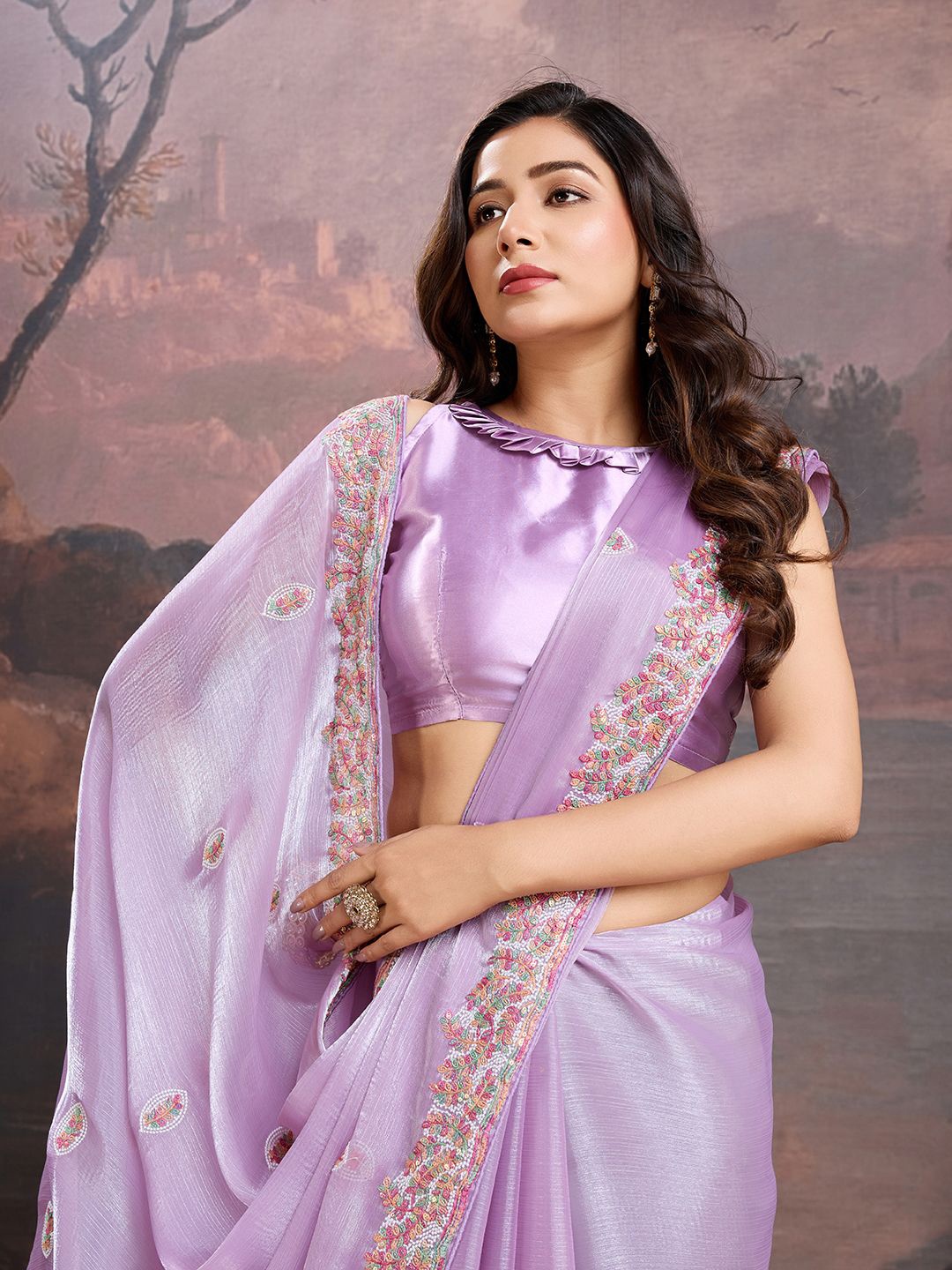 

House of Pataudi Embroidered Saree With Blouse Piece, Purple