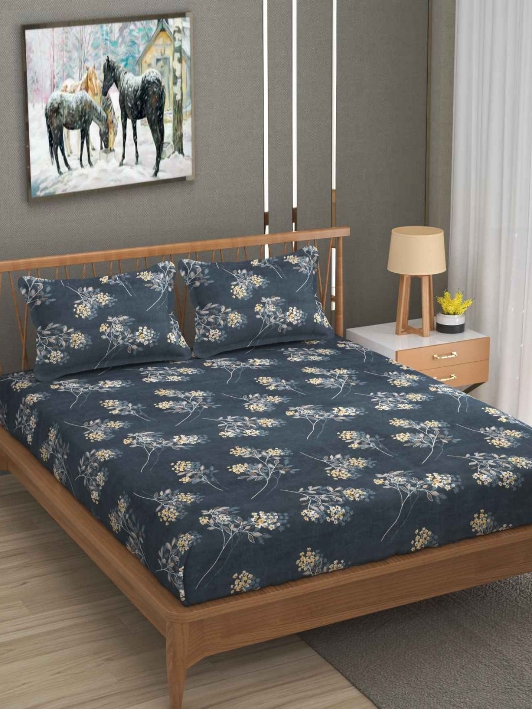 

YaAkholic Grey & Yellow Floral Printed 300 TC King Bedsheet Set 2.7 m x 2.7 m