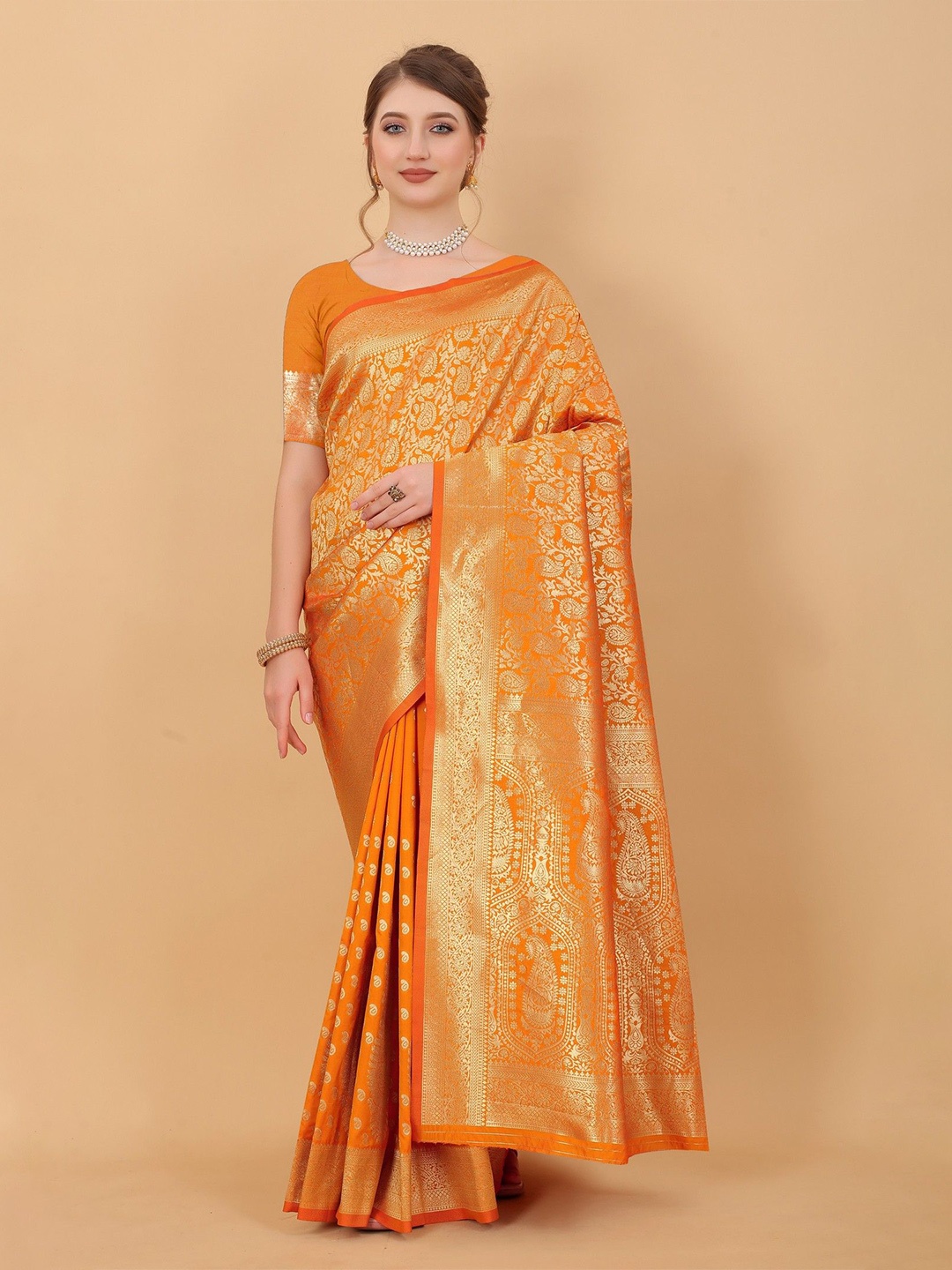 

VARNI FABRICS Woven Design Zari Pure Silk Banarasi Saree, Orange