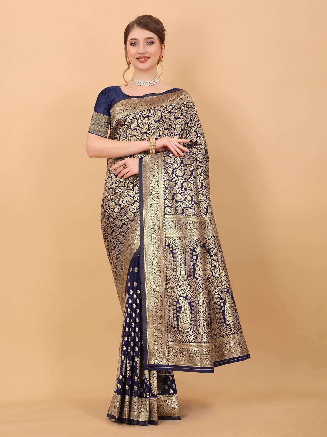 

VARNI FABRICS Woven Design Zari Pure Silk Banarasi Saree, Navy blue
