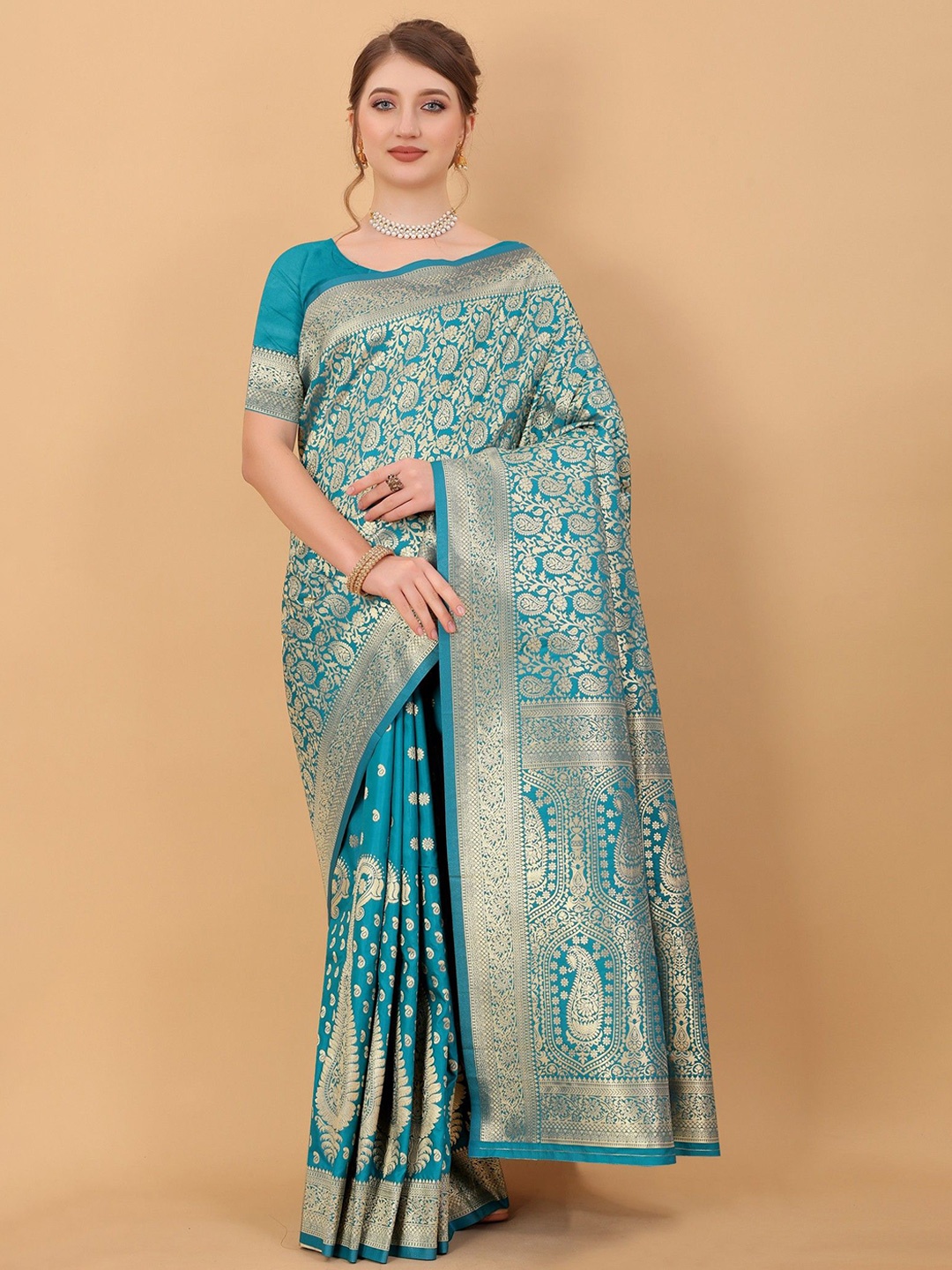 

VARNI FABRICS Woven Design Zari Pure Silk Banarasi Saree, Blue