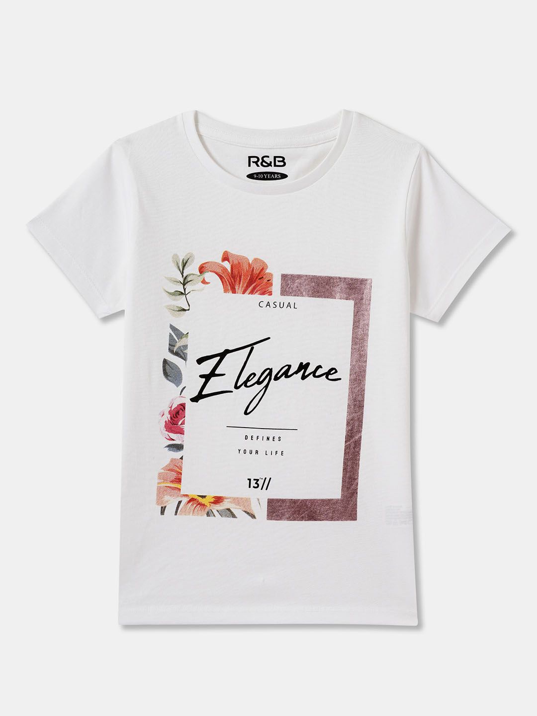 R&B Girls Graphic Printed Round Neck Cotton T-shirt, White