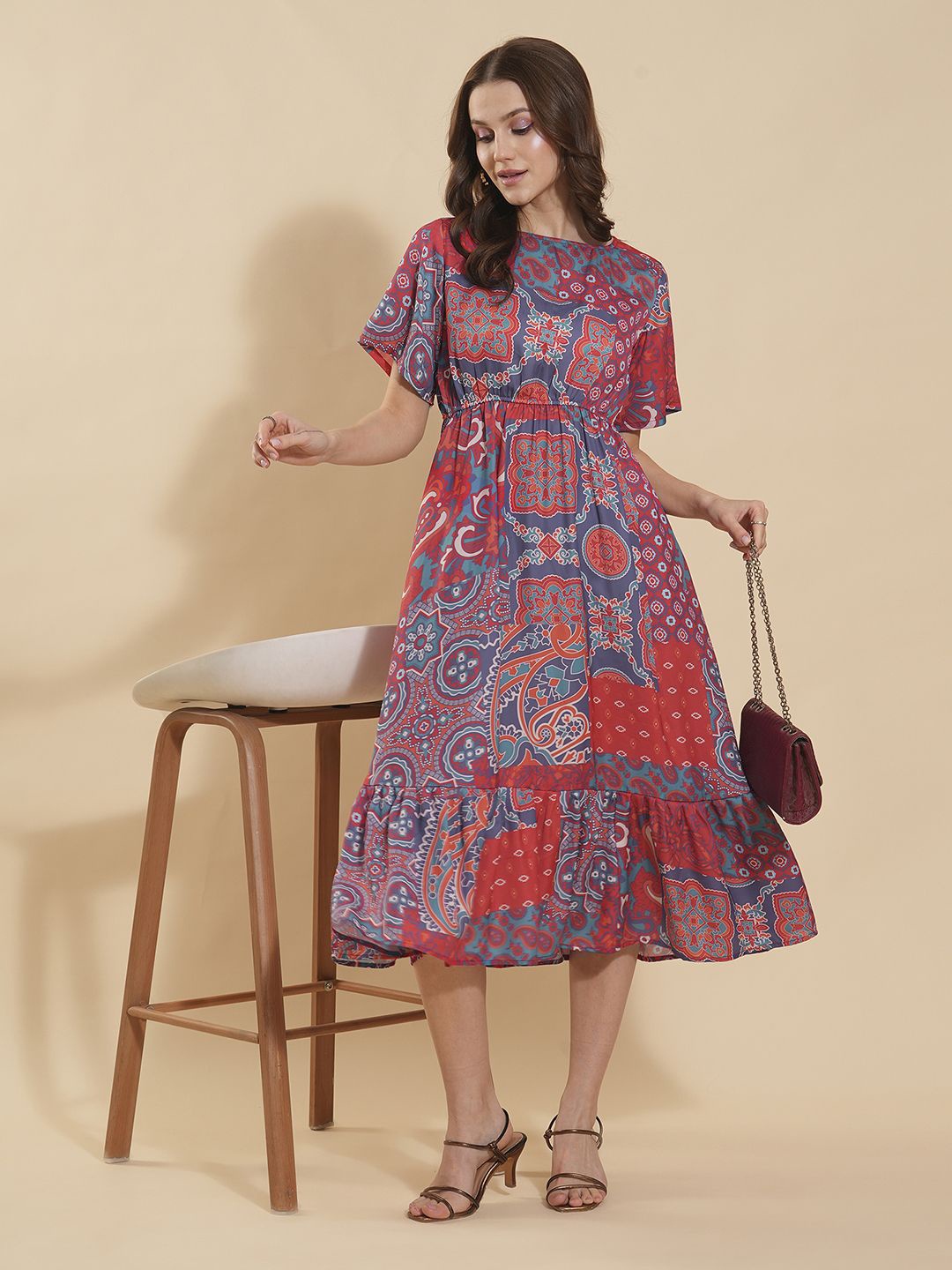 

Fashfun Ethnic Motifs Printed Crepe Fit & Flare Midi Dress, Red