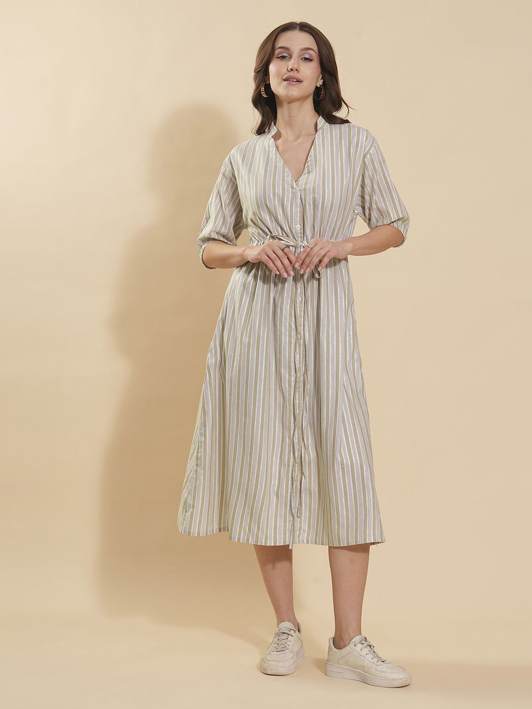

Fashfun Women Striped Cotton Shirt Midi Dress, Green