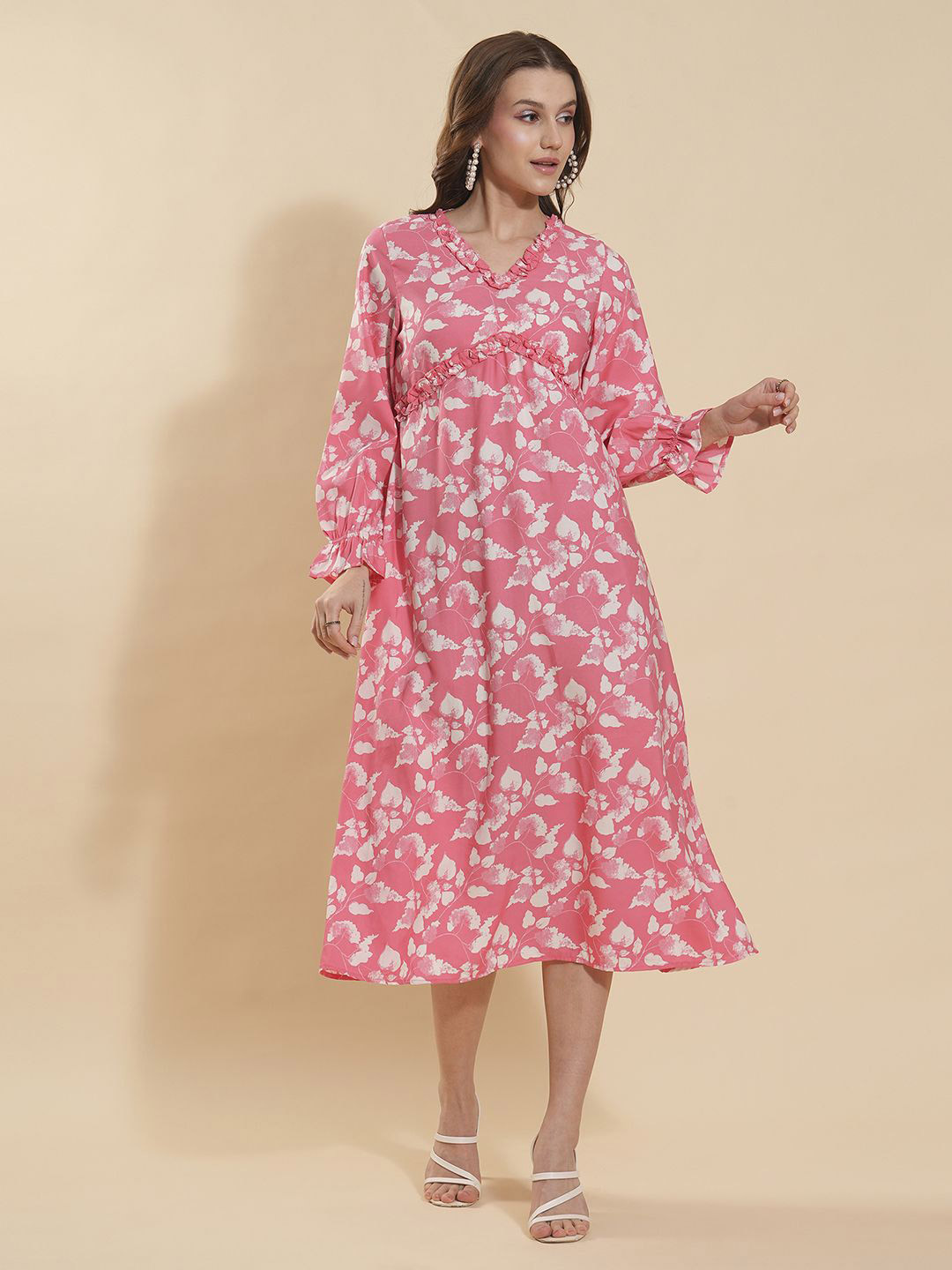 

Fashfun Women Floral Printed Fit & Flare Midi Dress, Pink