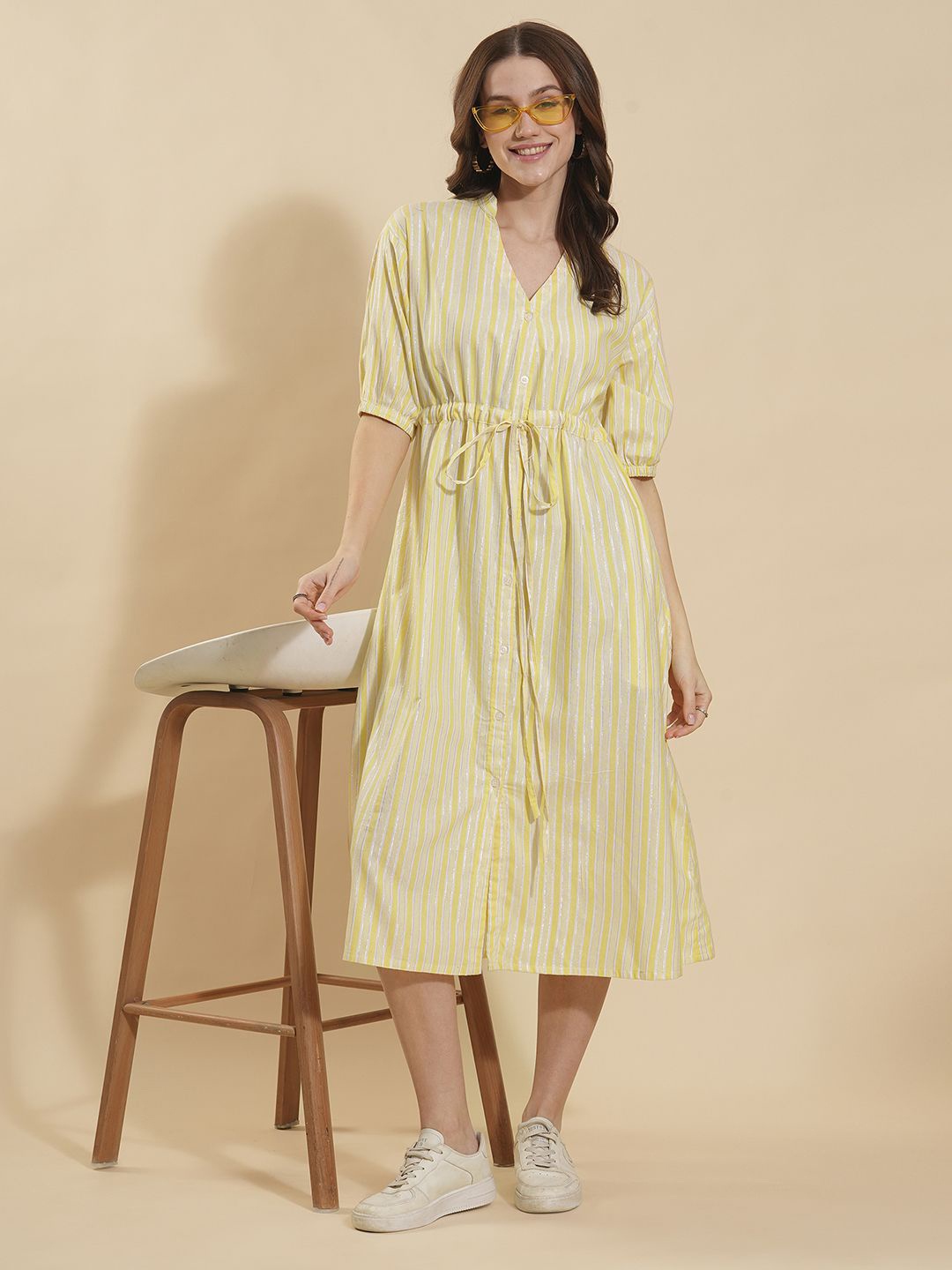 

Fashfun Women Striped Shirt Cotton Midi Dress, Yellow