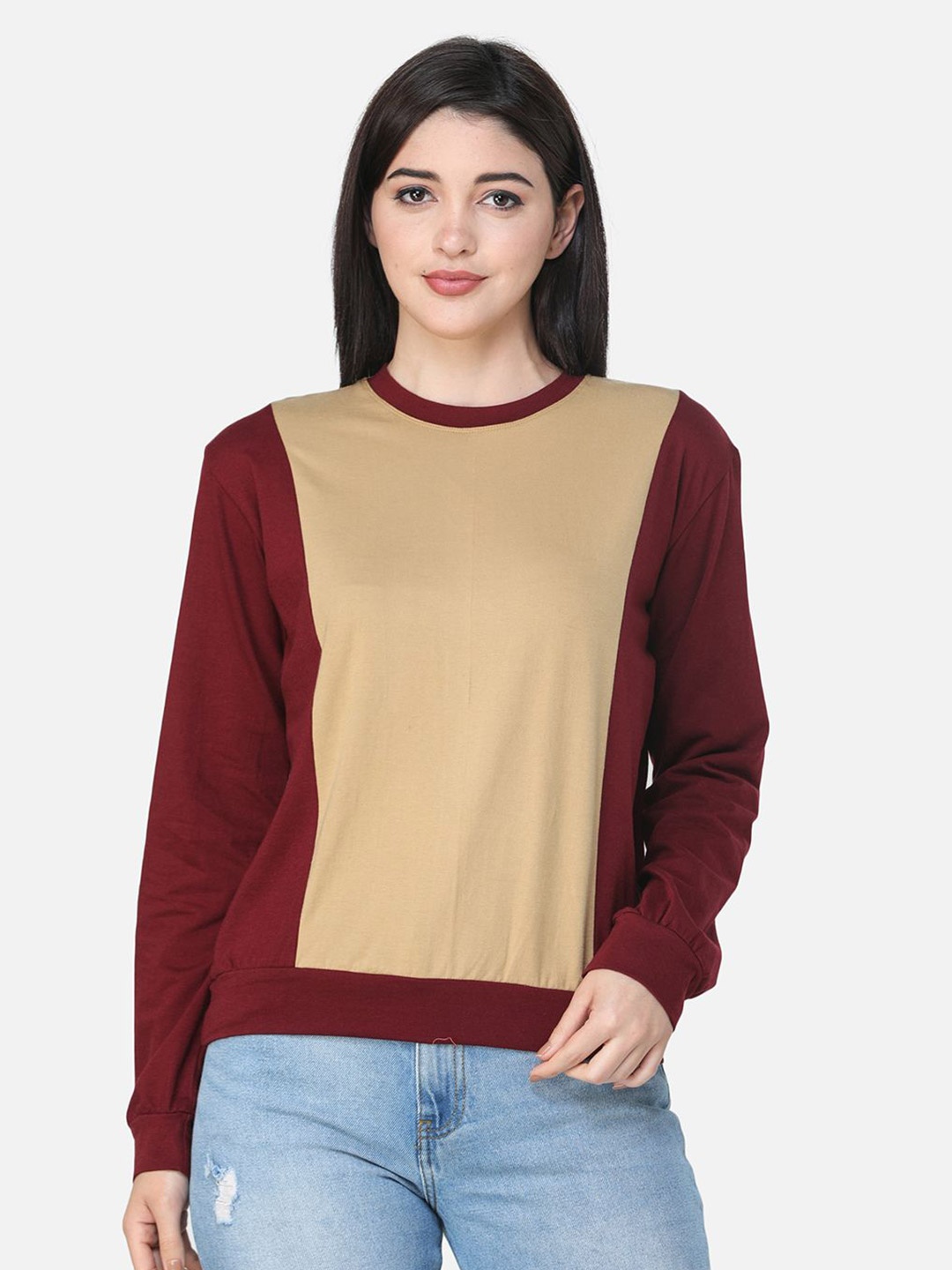 BAESD Women Colourblocked Regular Top, Maroon