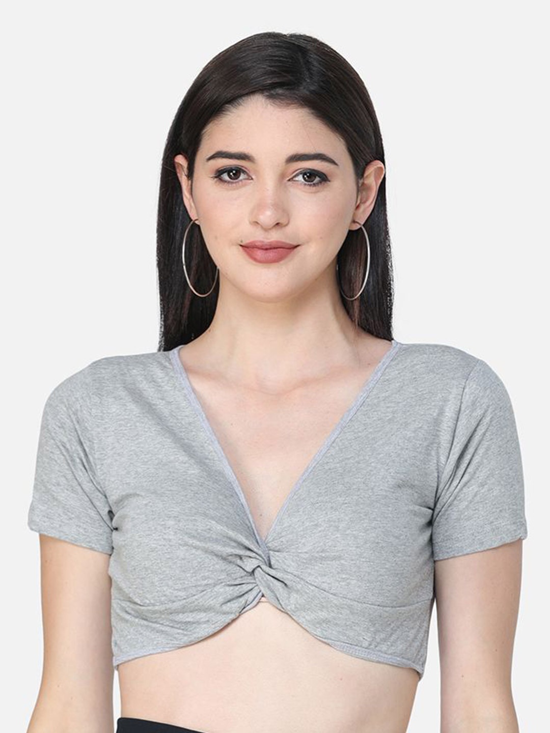 BAESD Women V-Neck Fitted Crop Top, Grey melange