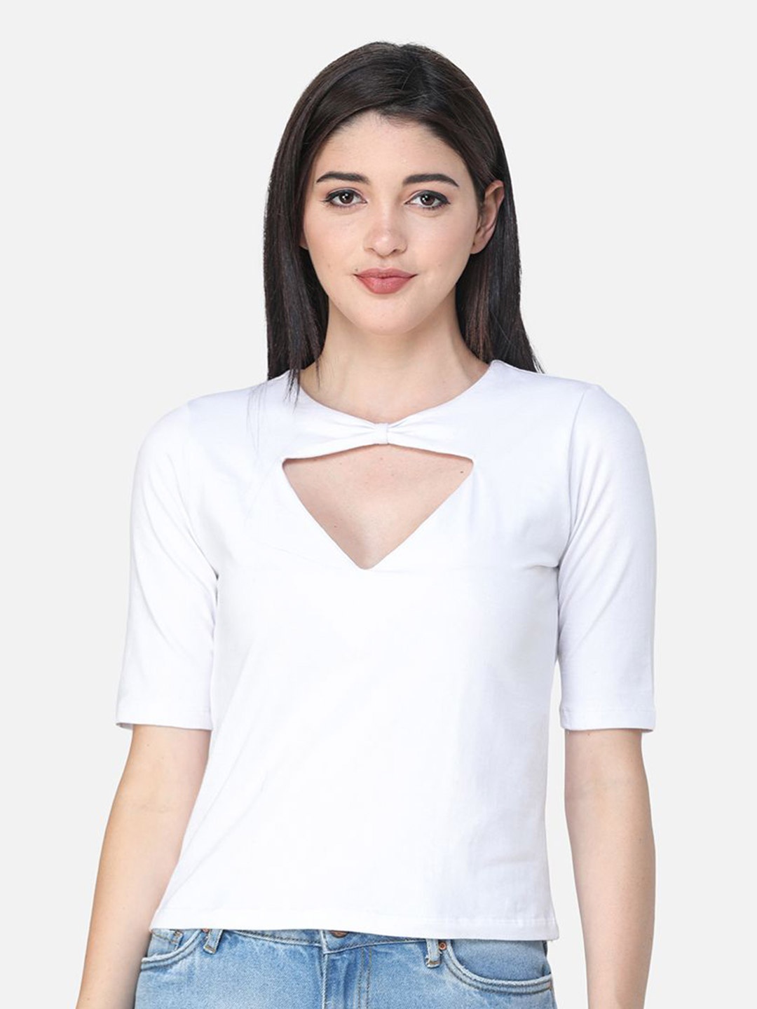 

BAESD Women Keyhole Neck Regular Top, White