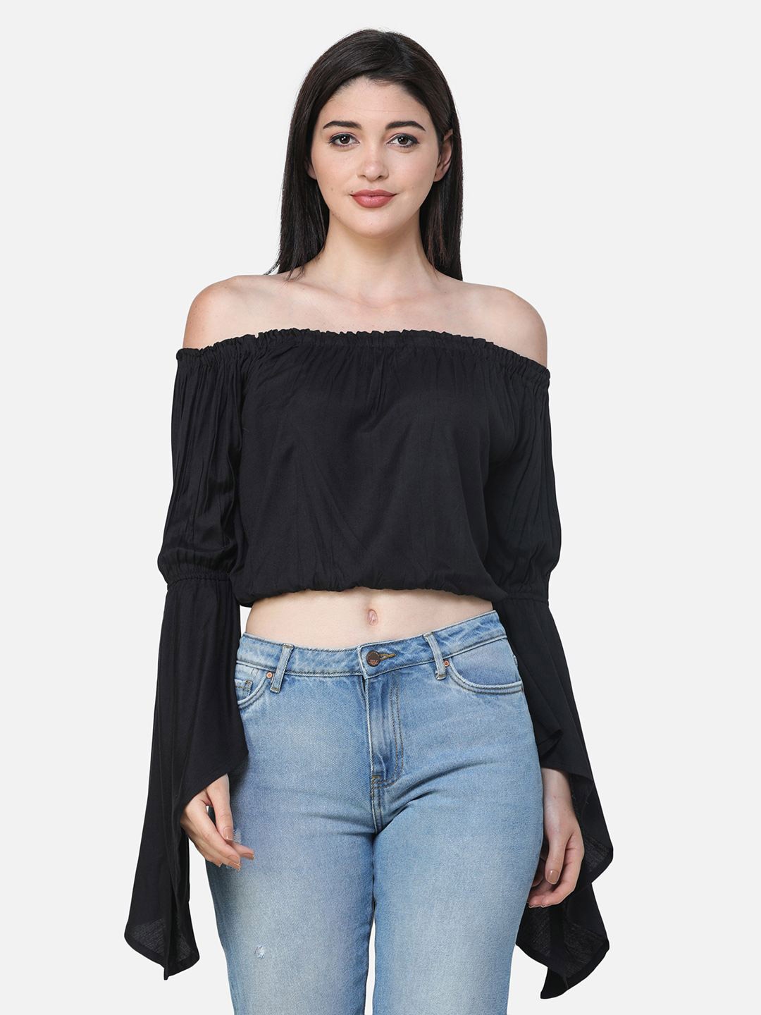 

BAESD Women Off-Shoulder Flared Sleeve Bardot Crop Top, Black