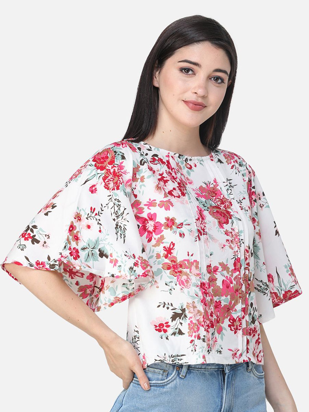 BAESD Women Floral Printed Regular Top, White