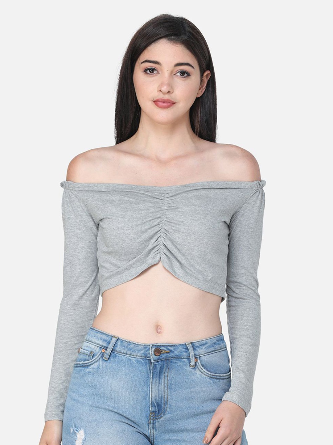 

BAESD Women Off-Shoulder Bardot Crop Top, Grey melange
