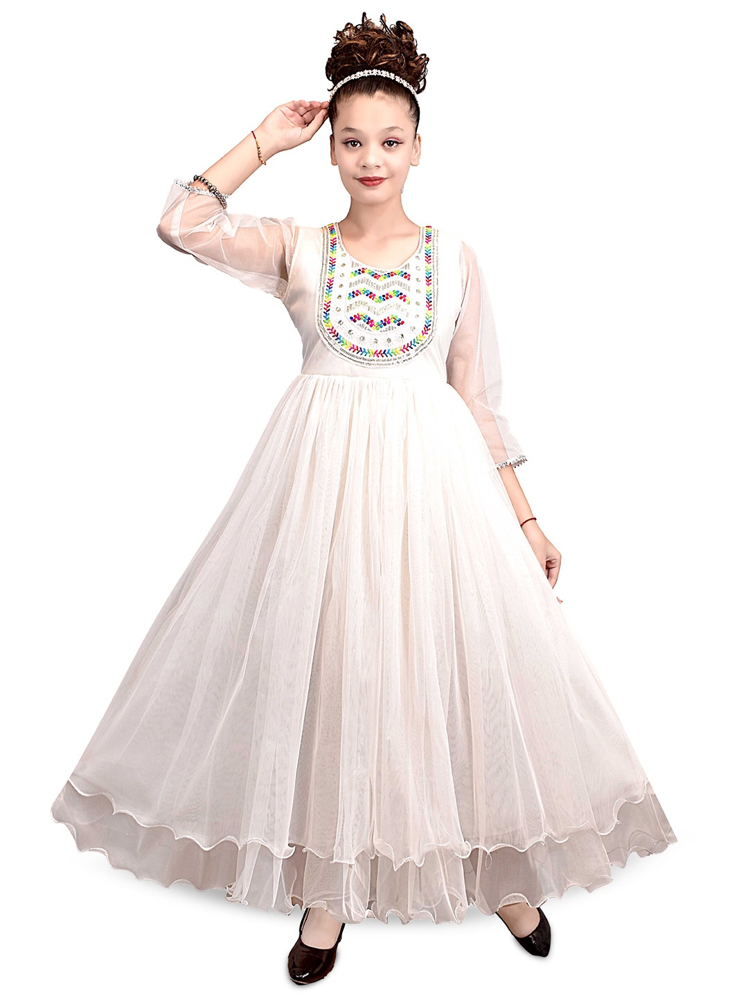 

AJIZA GARMENTS Girls Abstract Embroidered Maxi Ethnic Dresses, White
