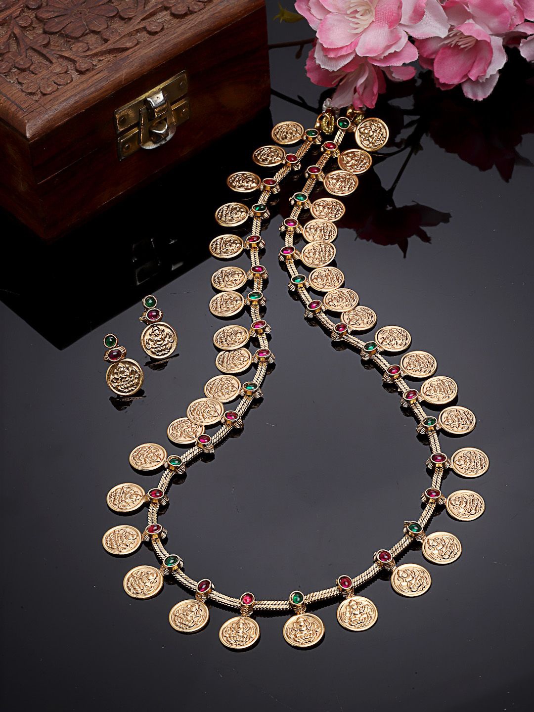 

PANASH 18KT Gold-Plated Stone-Studded Temple Jewellery Set
