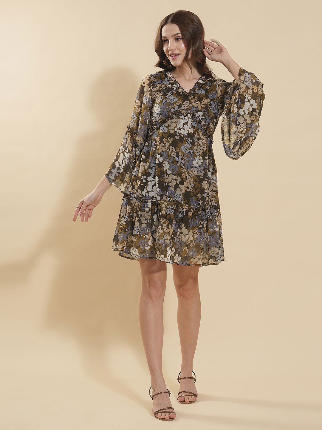 

Murcia Women Floral Printed Ruffled Fit & Flare Dress, Brown