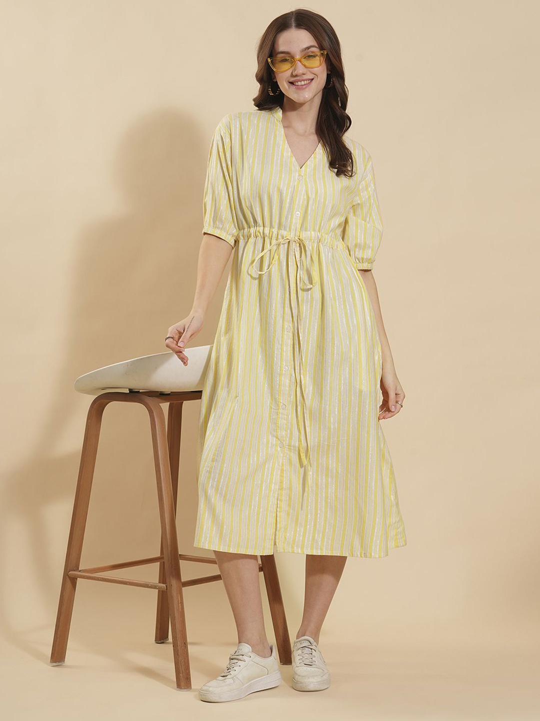 

Murcia Women Cotton Striped Fit and Flare Midi Dress, Yellow
