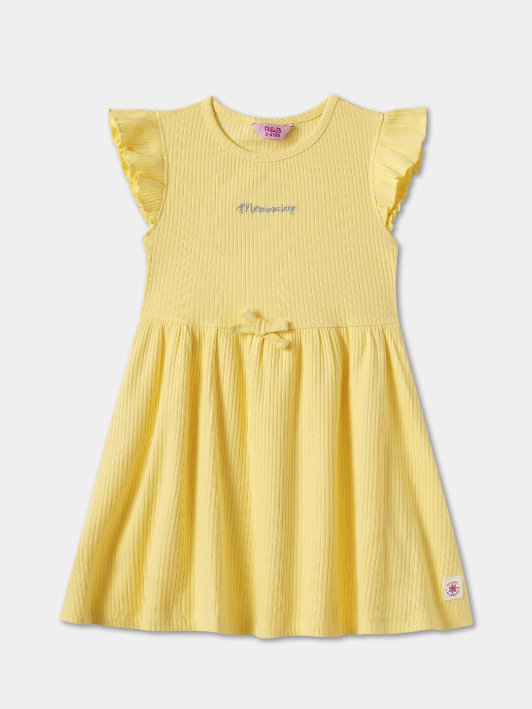 R&B Girls Round Neck Cotton A-Line Dress, Yellow