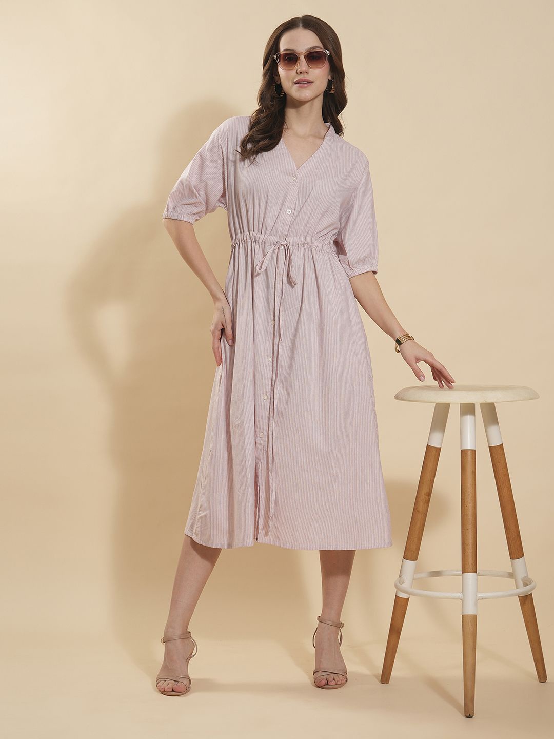 

Murcia Women Cotton Striped Shirt Midi Dress, Pink