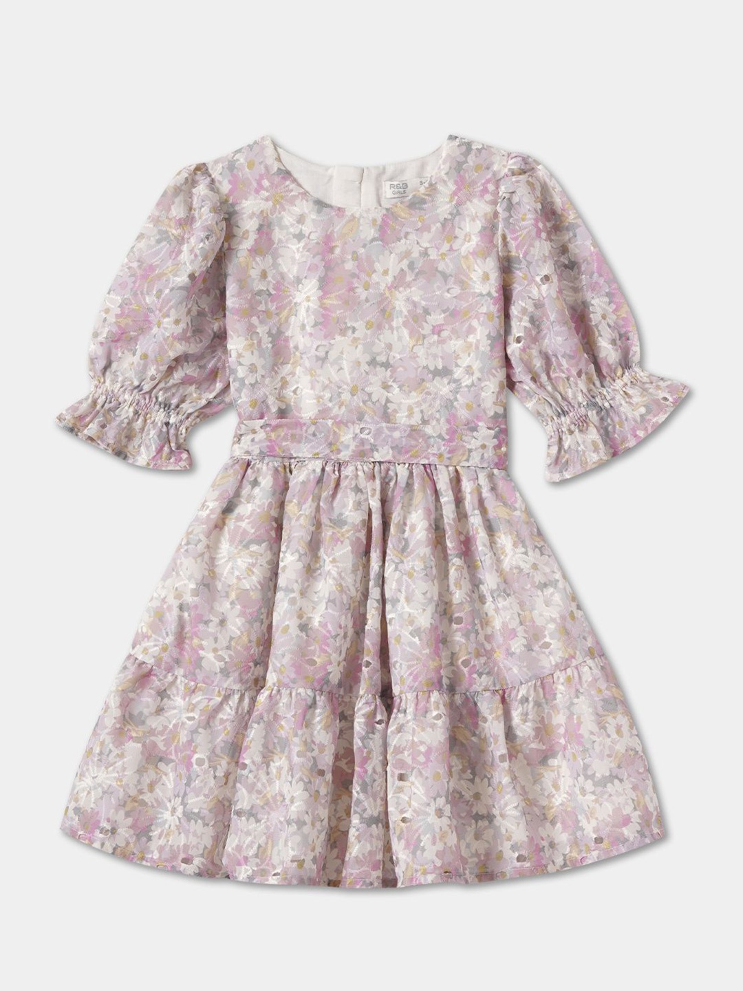 R&B Girls Floral Print A-Line Dress, White