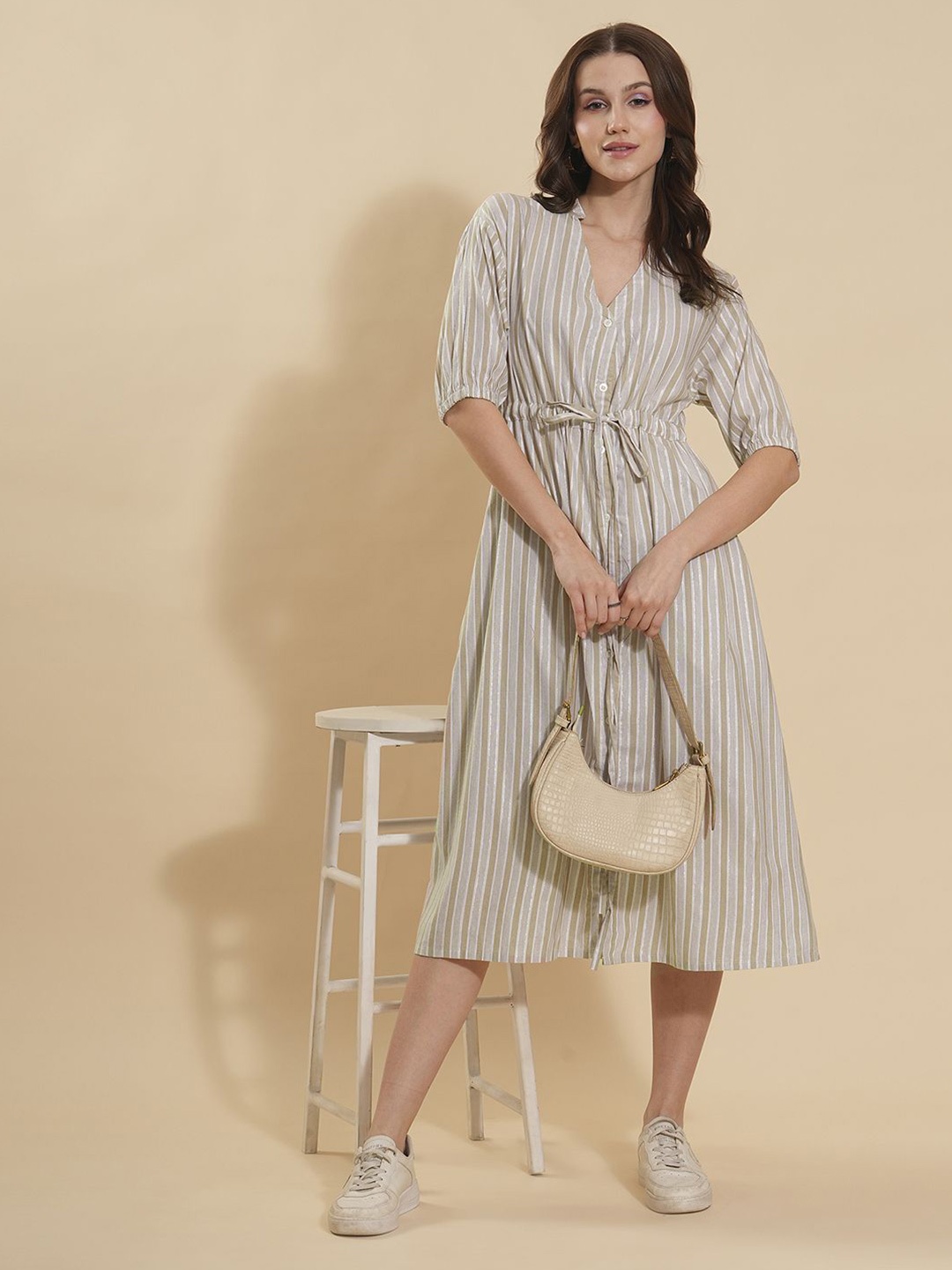 

Murcia Women Cotton Mandarin Collar Striped Shirt Midi Dress, Beige