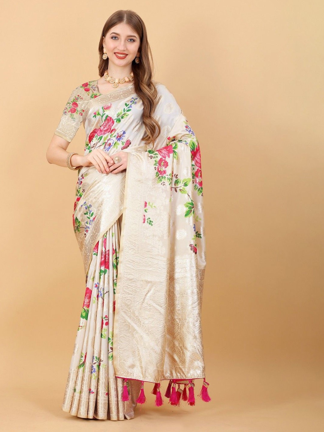 

VARNI FABRICS Floral Printed Zari Pure Silk Banarasi Saree, Beige