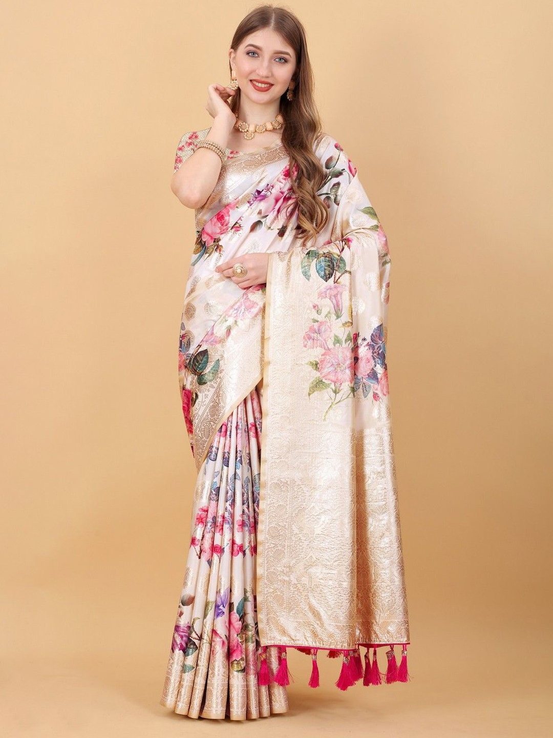 

VARNI FABRICS Woven Design Pure Silk Banarasi Saree, Beige